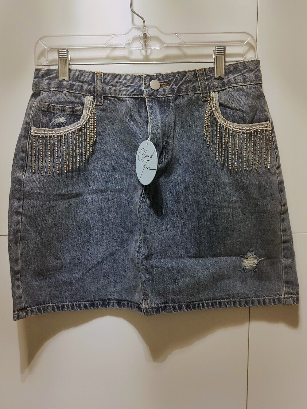 Cloud Ten Rhinestone Fringe Denim Mini Skirt Y2K Size L